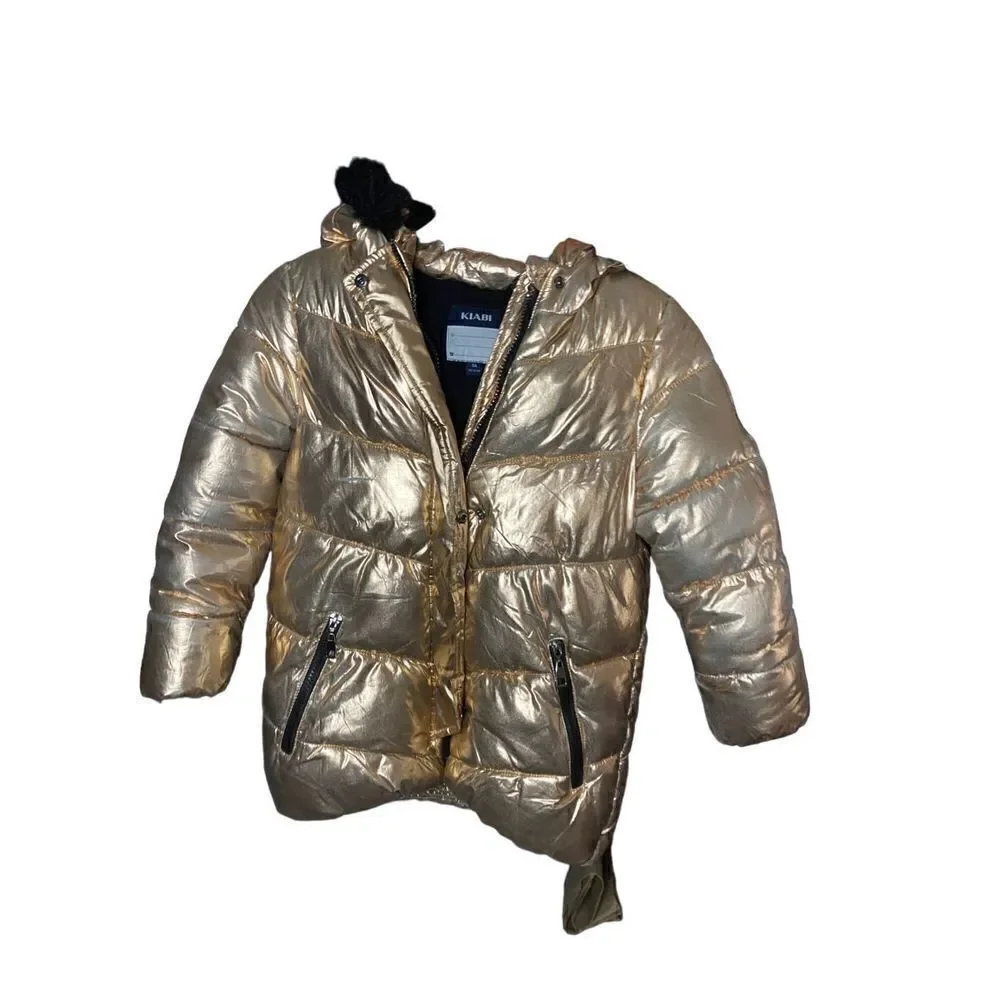 Kiabi girls rose, gold, black faux, fur, hooded coat, size 8